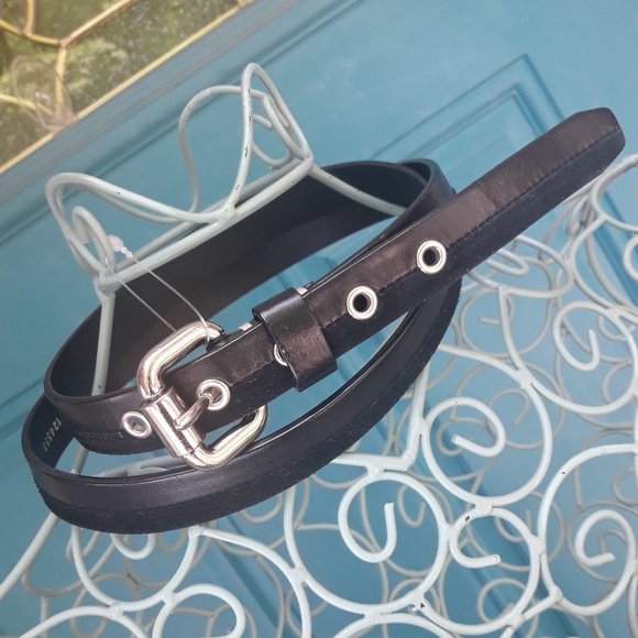 Genuine Leather Belt Thin Two Tone Black Suede Silver Metal Hardware - Picture 5 of 12